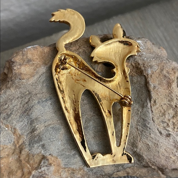 Vintage 80s Gold Tone Cat with Rhinestones Broach - Picture 4 of 6